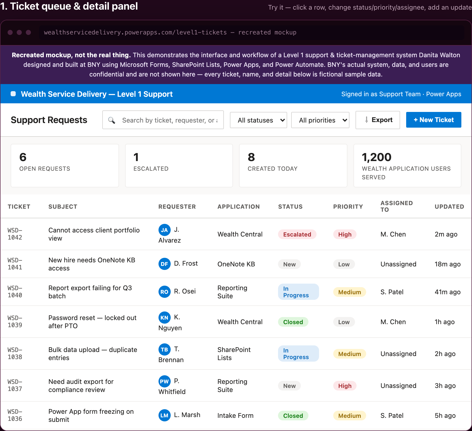 Ticket queue and detail panel — the Power App agents use to search, filter, assign, and update tickets